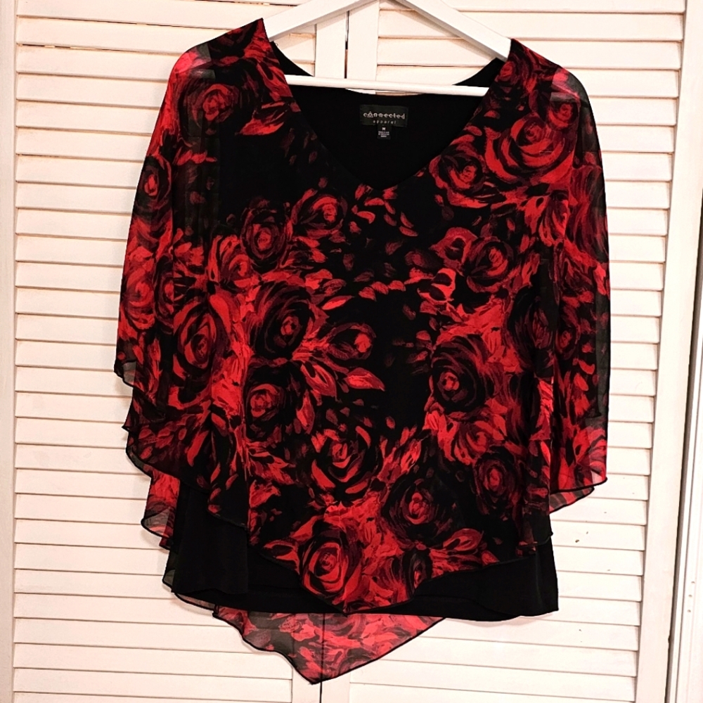 Connected Apparel Layered Liner Rose 🌹 Blouse with Sheer Outter Layer Sz Medium